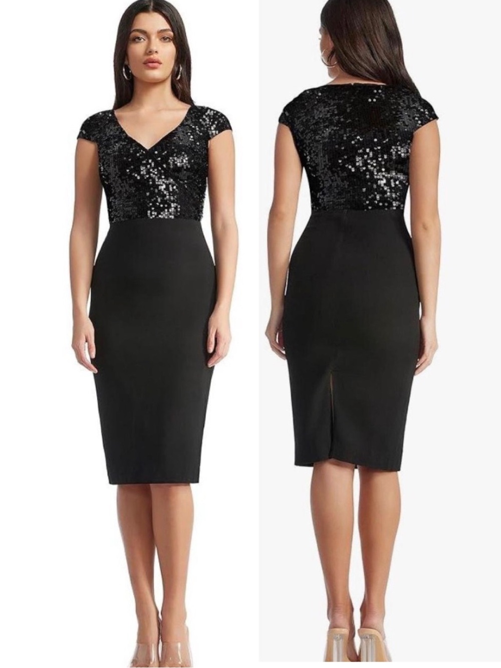 Dress The Population Black Sequin V-Neck Sheath Dress Size Medium